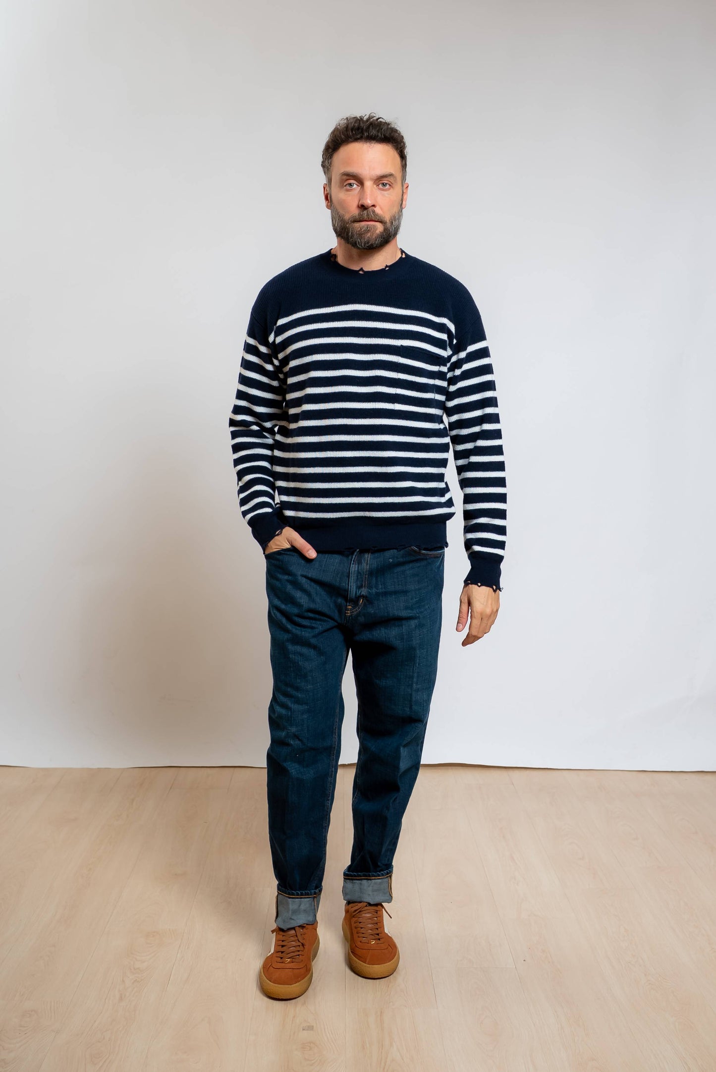 Maglione in Lana a Righe Blu e Bianche