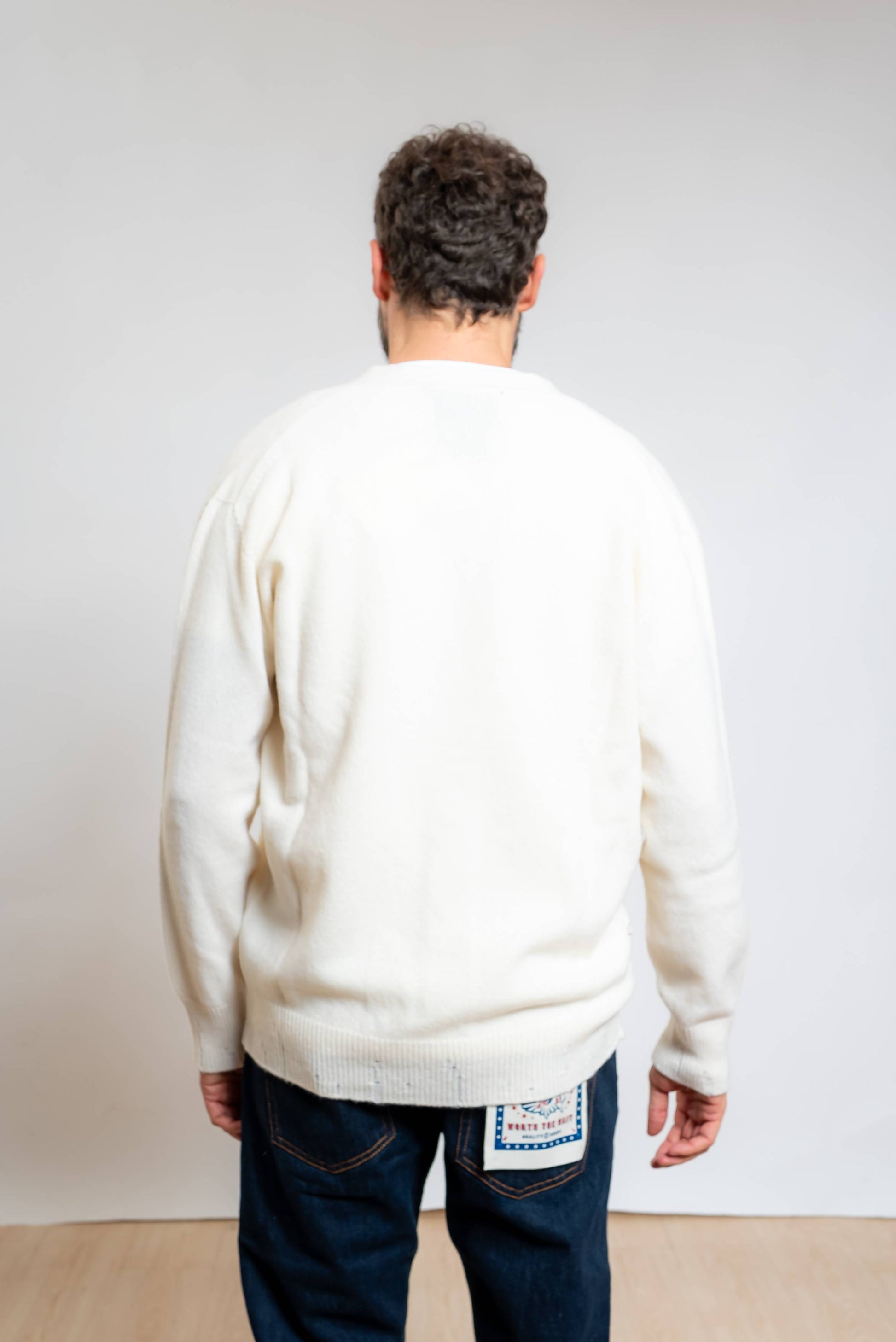 amaranto cardigan in lana e cashmere panna con scollo a v e rotture sugli orli, vista posteriore