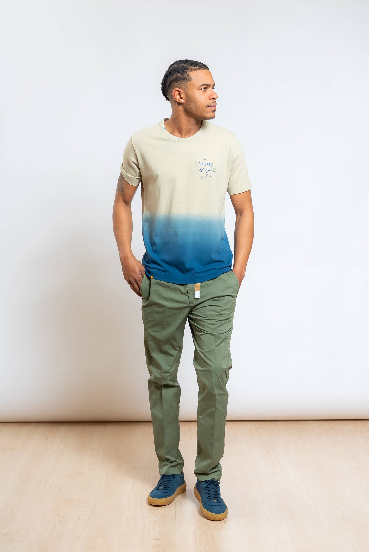 T-shirt Caden in Cotone Sfumato Beige e Blu