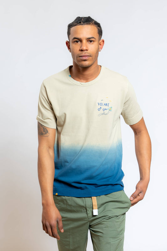 T-shirt Caden in Cotone Sfumato Beige e Blu