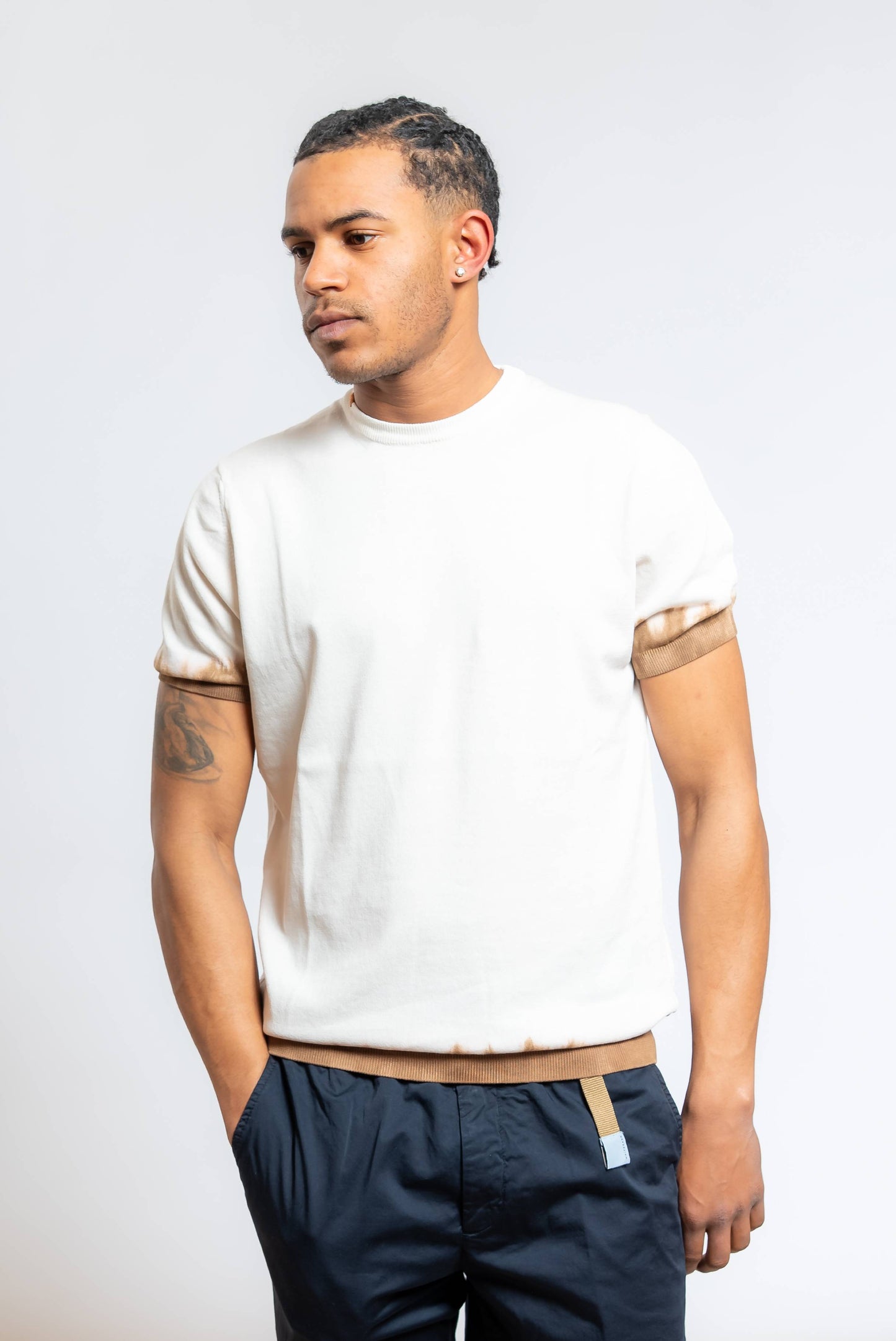 T-shirt Sonic in Maglia Panna con Dettaglio Marrone