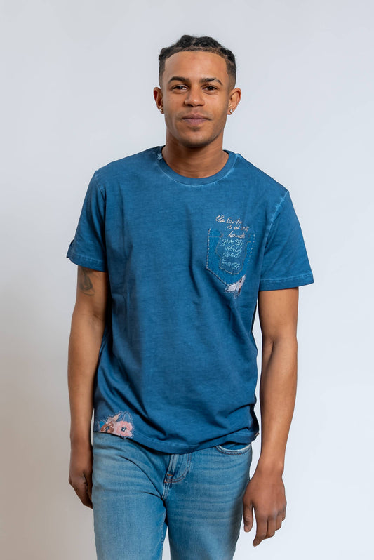 T-shirt Even Blu con Ricami e Denim