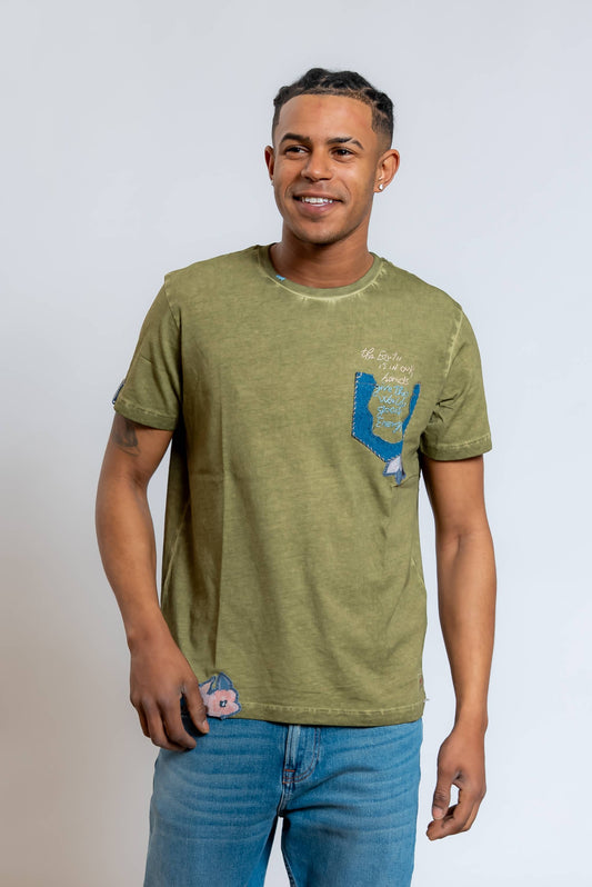 T-shirt Even Verde con Ricami e Denim