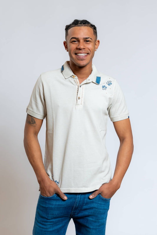 Polo Ricky Beige con Ricami Floreali