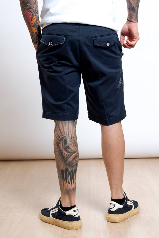 Bermuda Out in Cotone Blu con Ricami