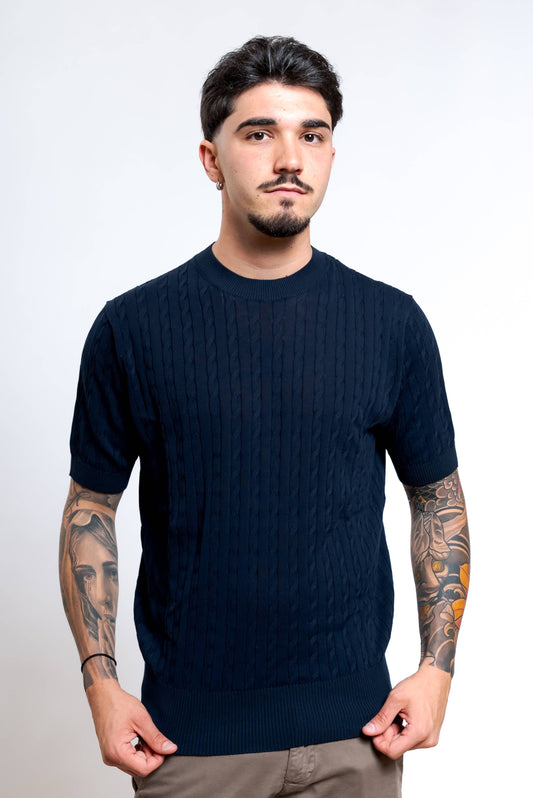 Maglia in Cotone Blu Lavorata