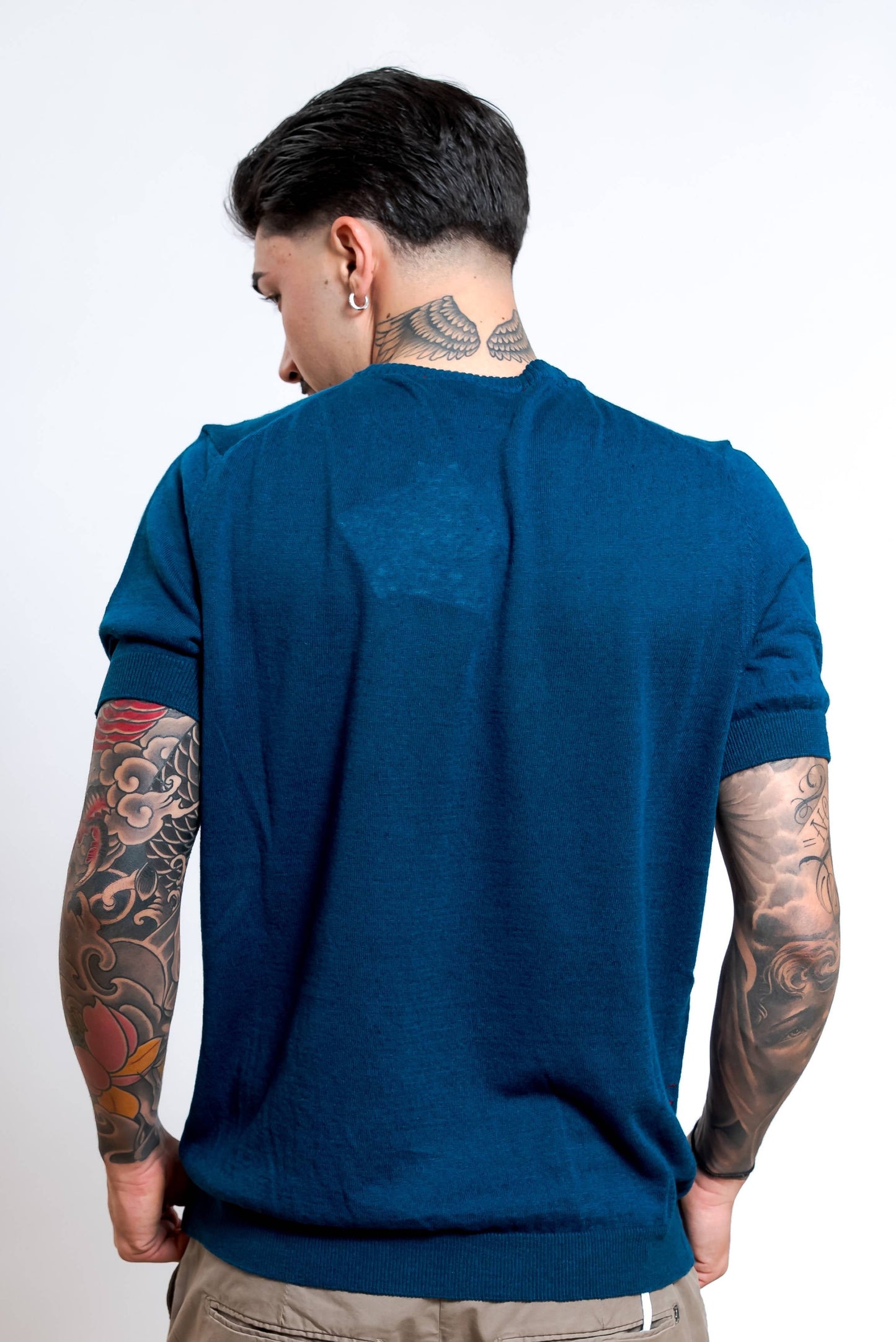 Maglia a Maniche Corte in Lino e Cotone Blu