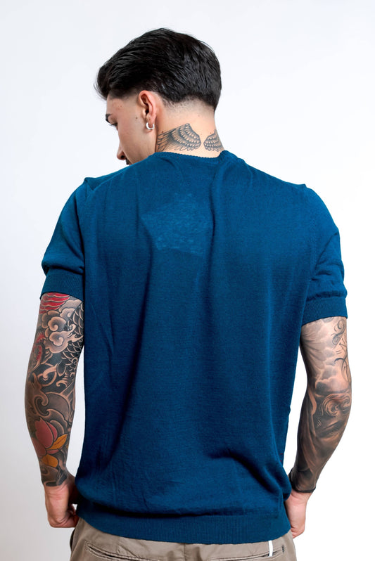 Maglia a Maniche Corte in Lino e Cotone Blu