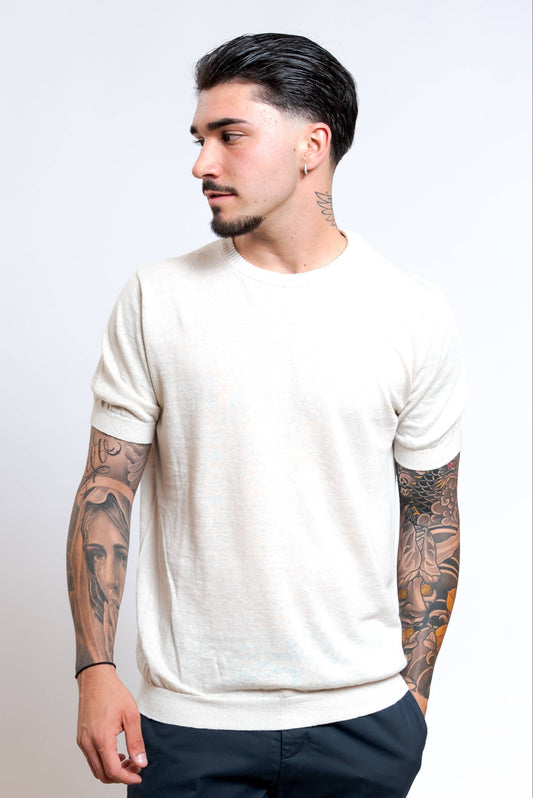 Maglia a Maniche Corte in Lino e Cotone Beige