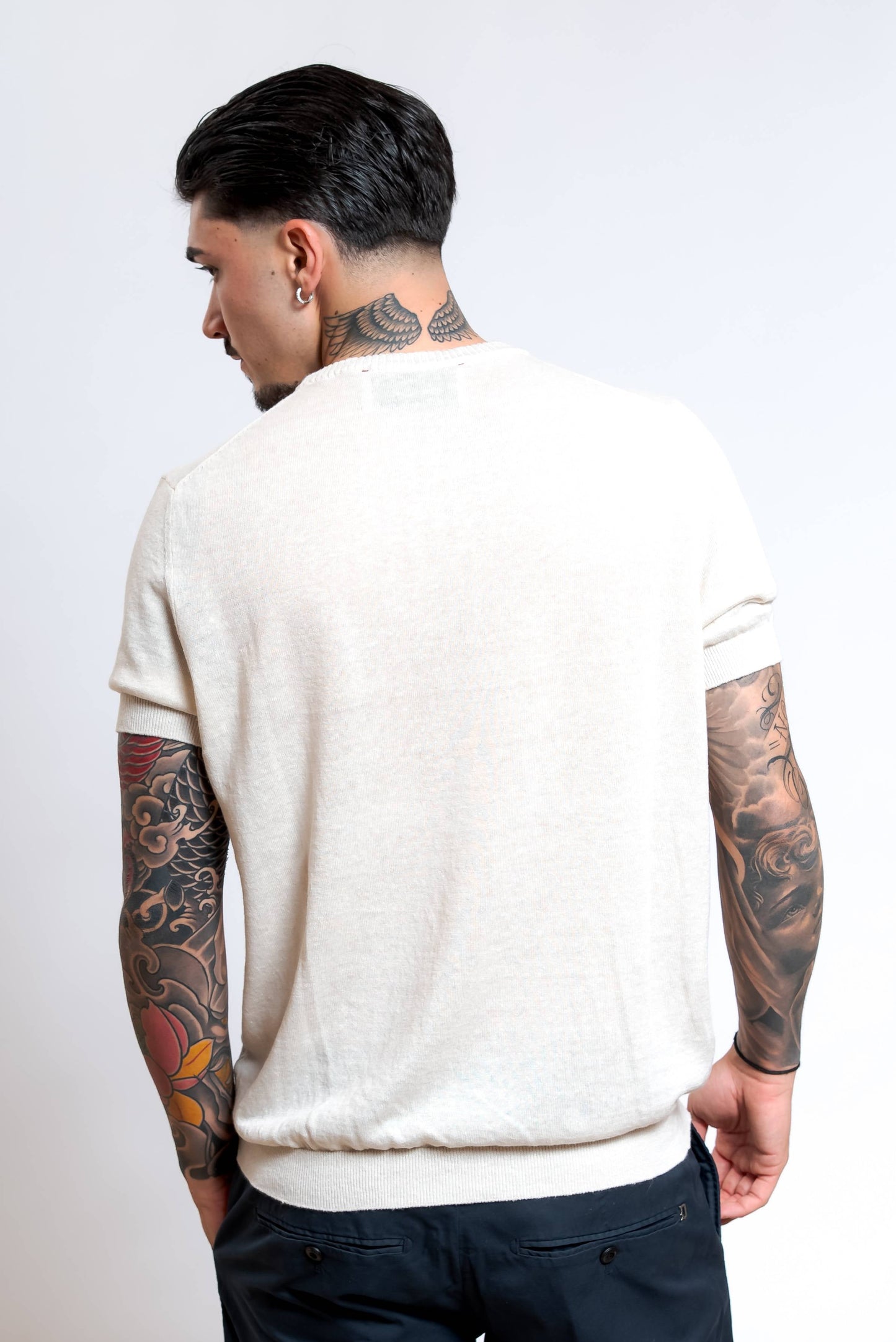 Maglia a Maniche Corte in Lino e Cotone Beige