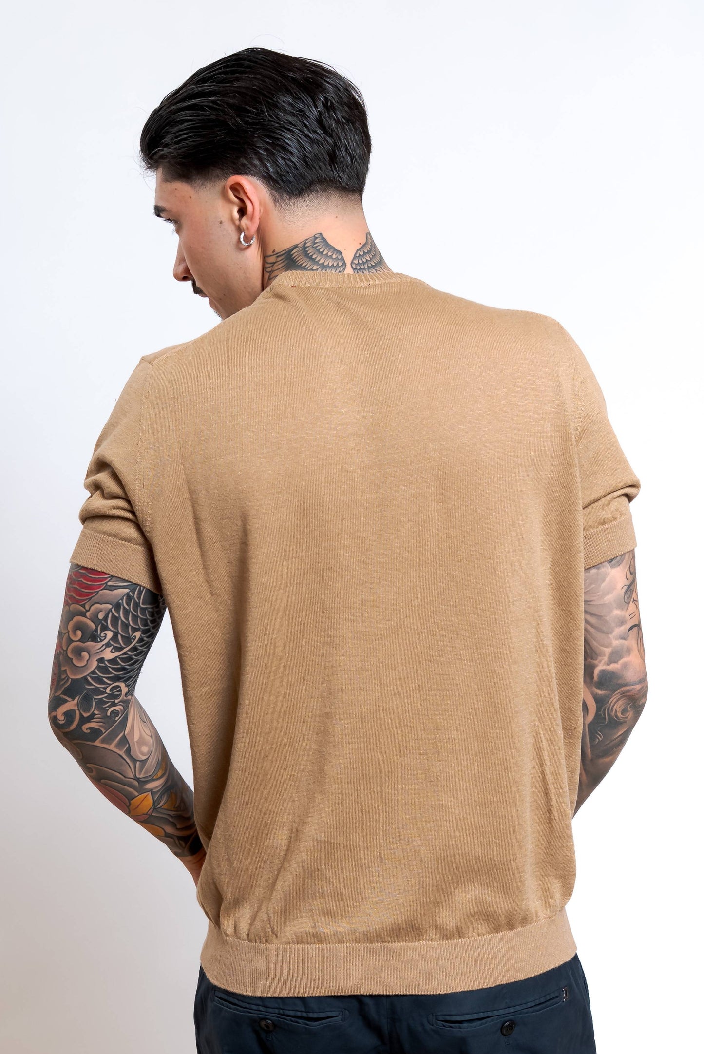 Maglia a Maniche Corte in Lino e Cotone Beige Scuro