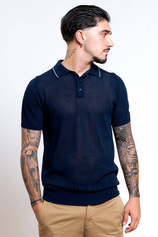 Polo Traforata in Cotone Blu