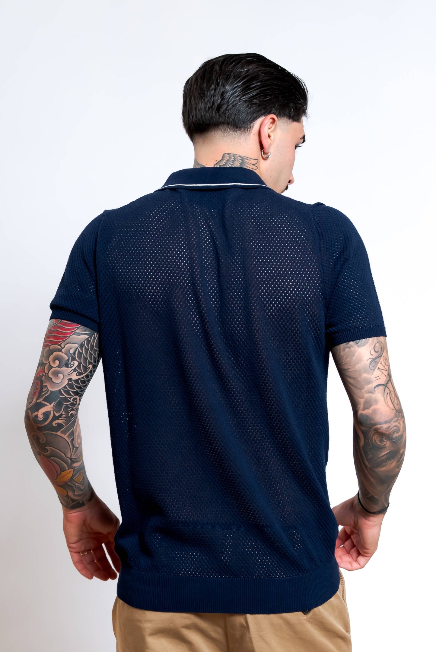 Polo Traforata in Cotone Blu