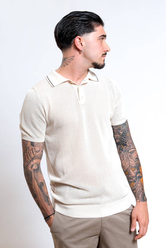 Polo Traforata in Cotone Beige