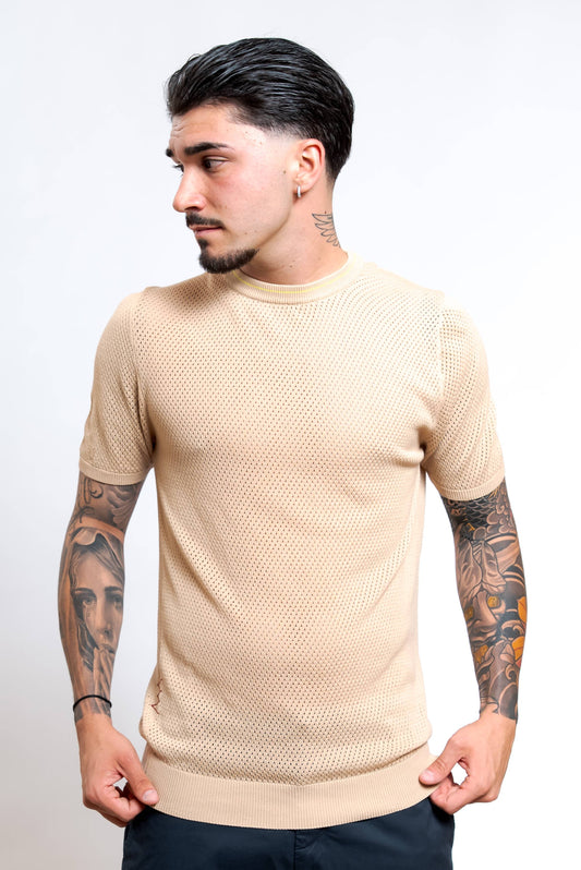 T-shirt Traforata in Cotone Beige