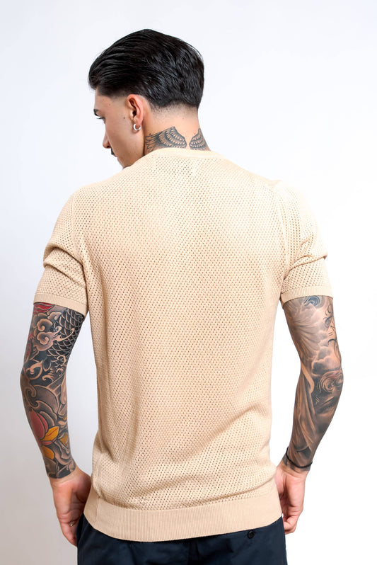 T-shirt Traforata in Cotone Beige