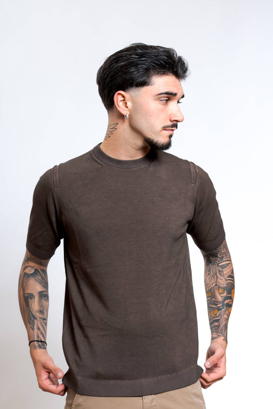 T-shirt in Maglia di Cotone Lavato Marrone