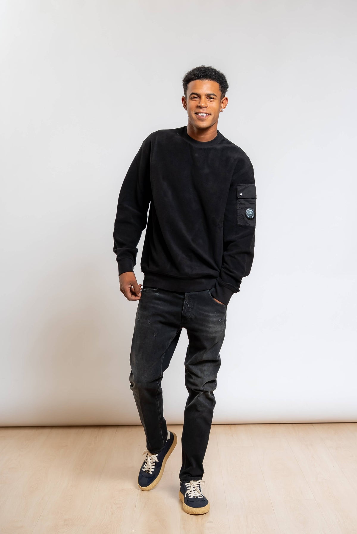 Felpa Brushed Emerized Diagonal Fleece in Cotone Nero