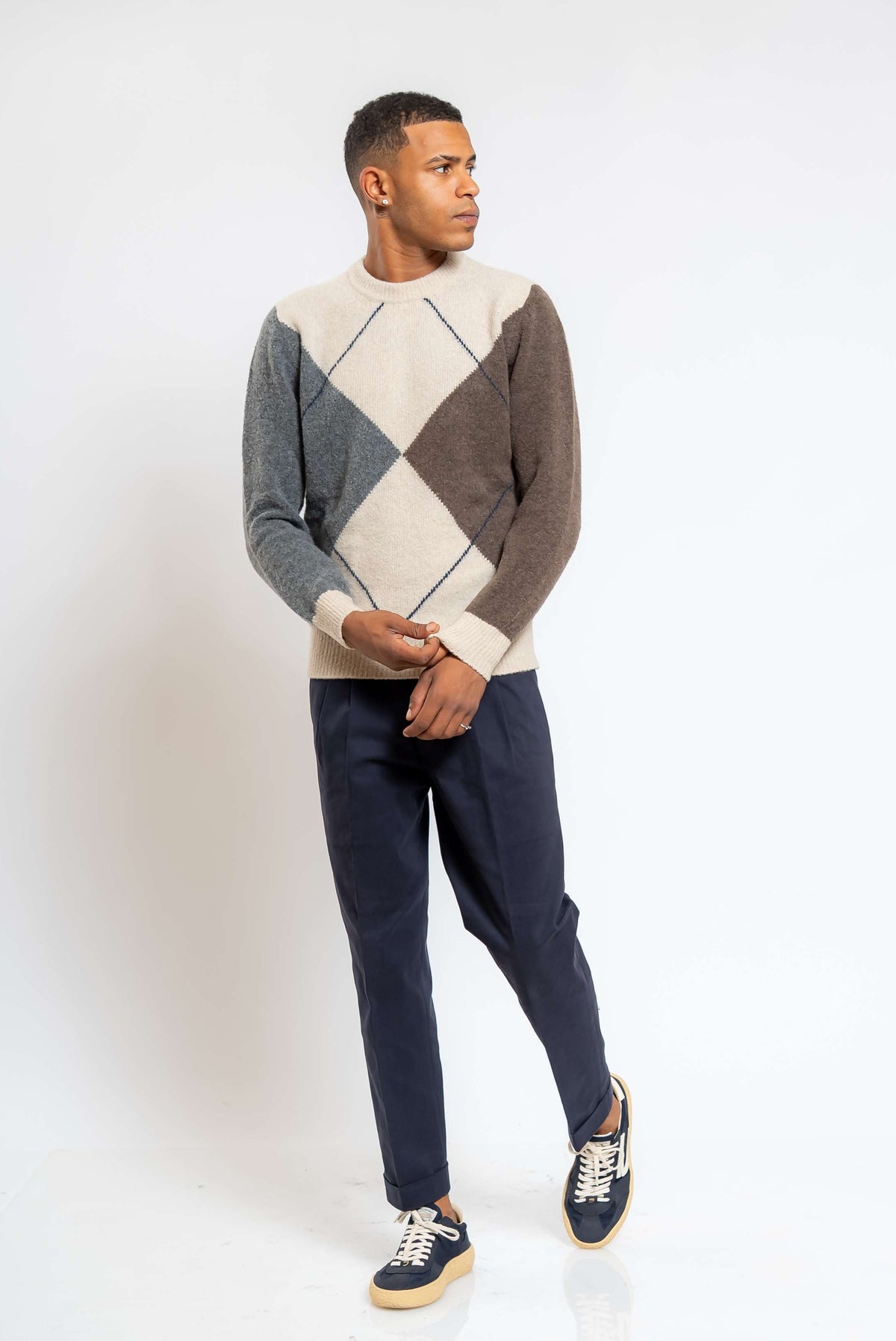 Maglione Beige con Intarsio Rombi