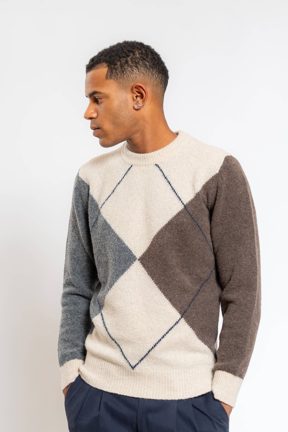 Maglione Beige con Intarsio Rombi