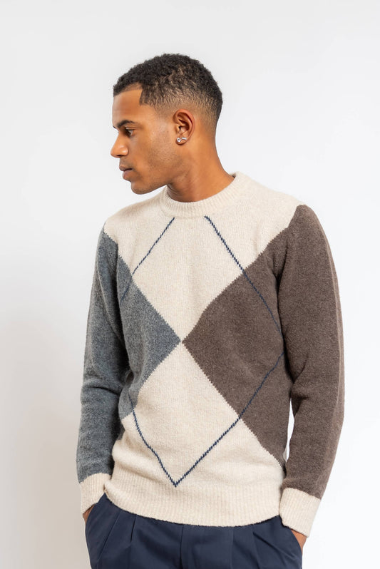 Maglione Beige con Intarsio Rombi