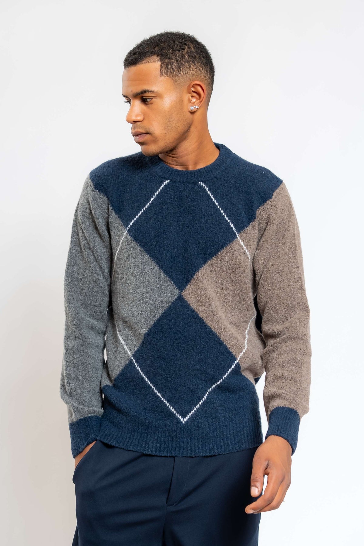 Maglione Blu con Intarsio Rombi