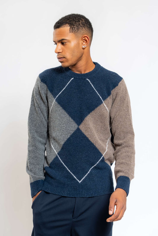 Maglione Blu con Intarsio Rombi