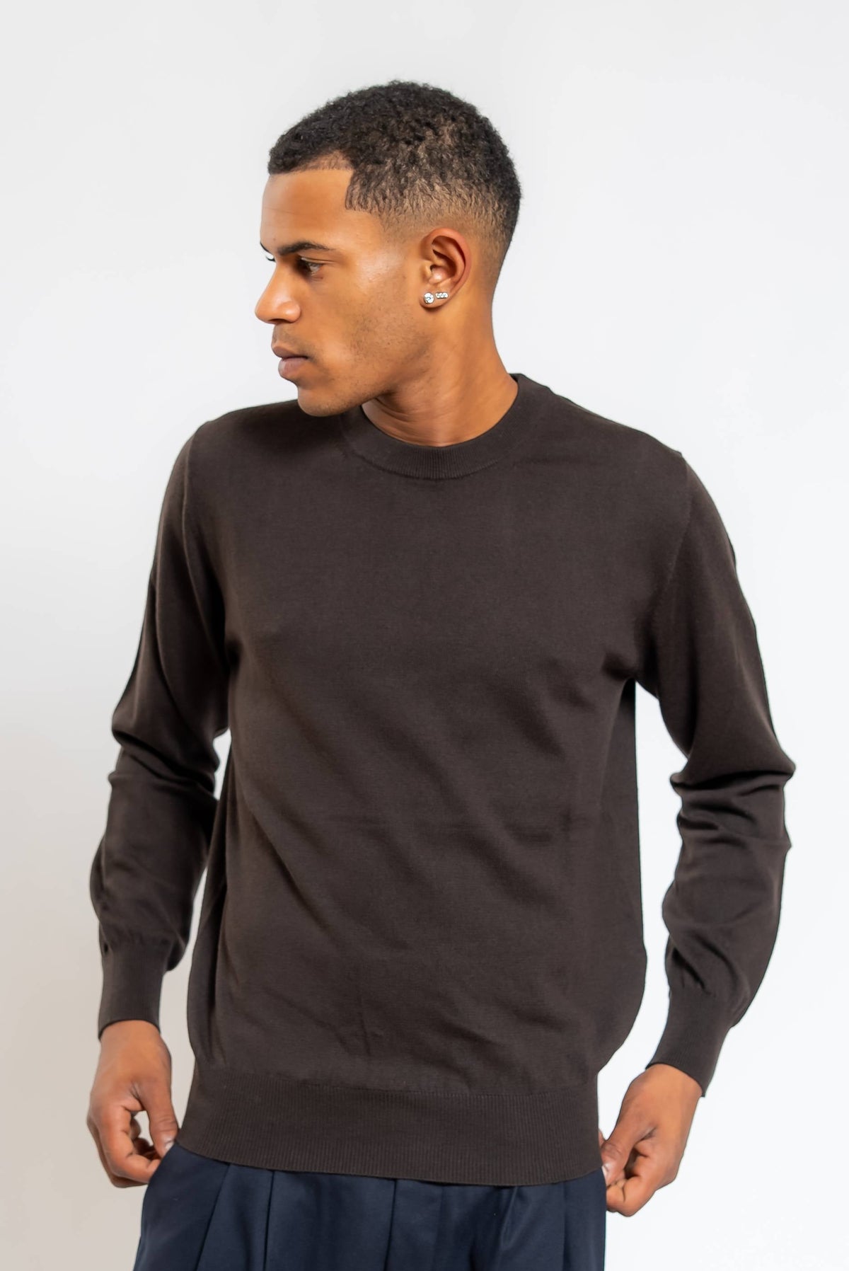 Maglia a Girocollo in Lana e Cotone Marrone