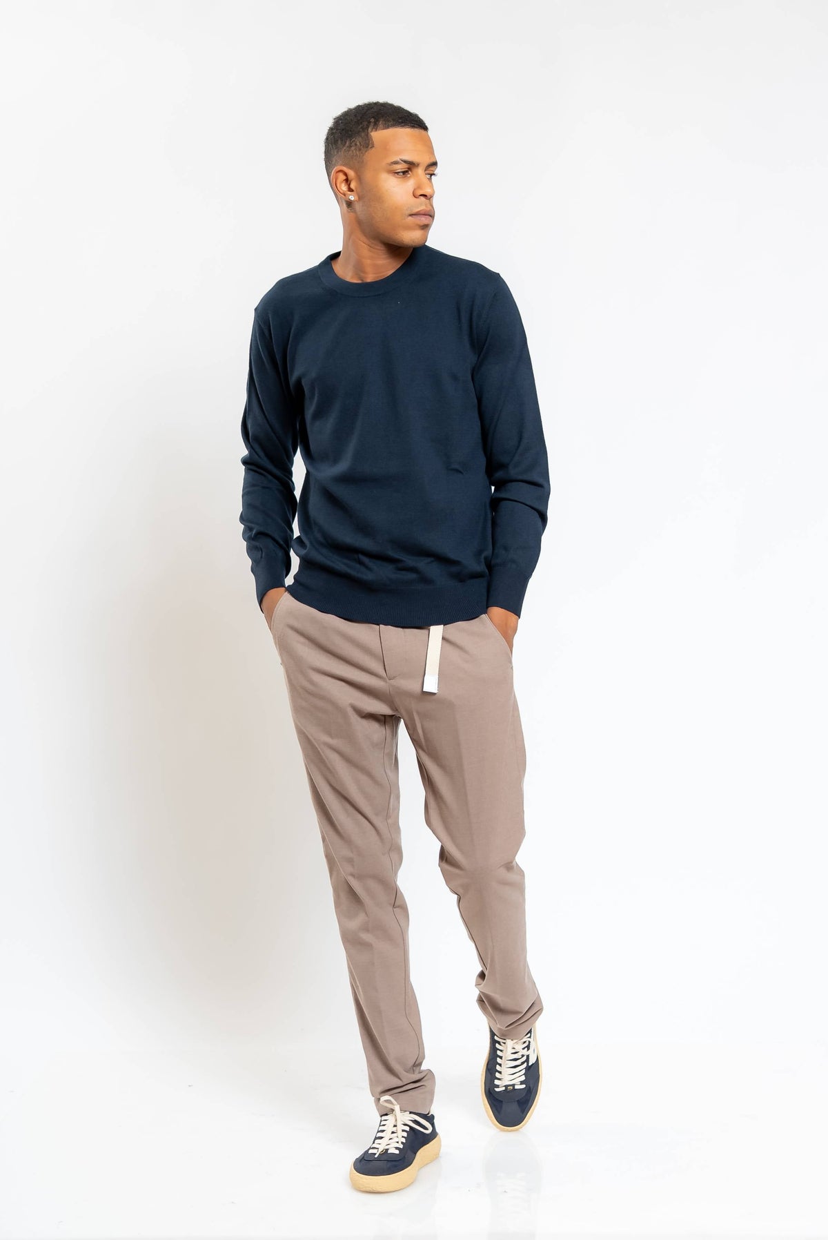 Maglia a Girocollo in Lana e Cotone Blu