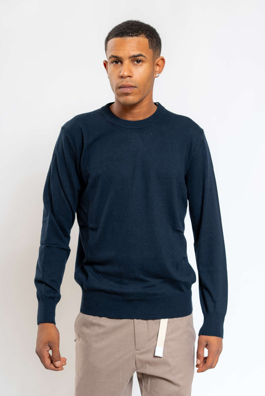 Maglia a Girocollo in Lana e Cotone Blu