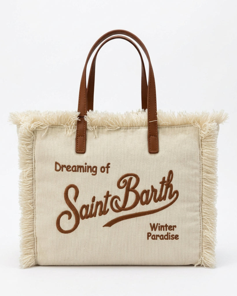 mc2 saint barth in velluto a costine beige con dettagli e ricamo marrone, orli sfrangiati