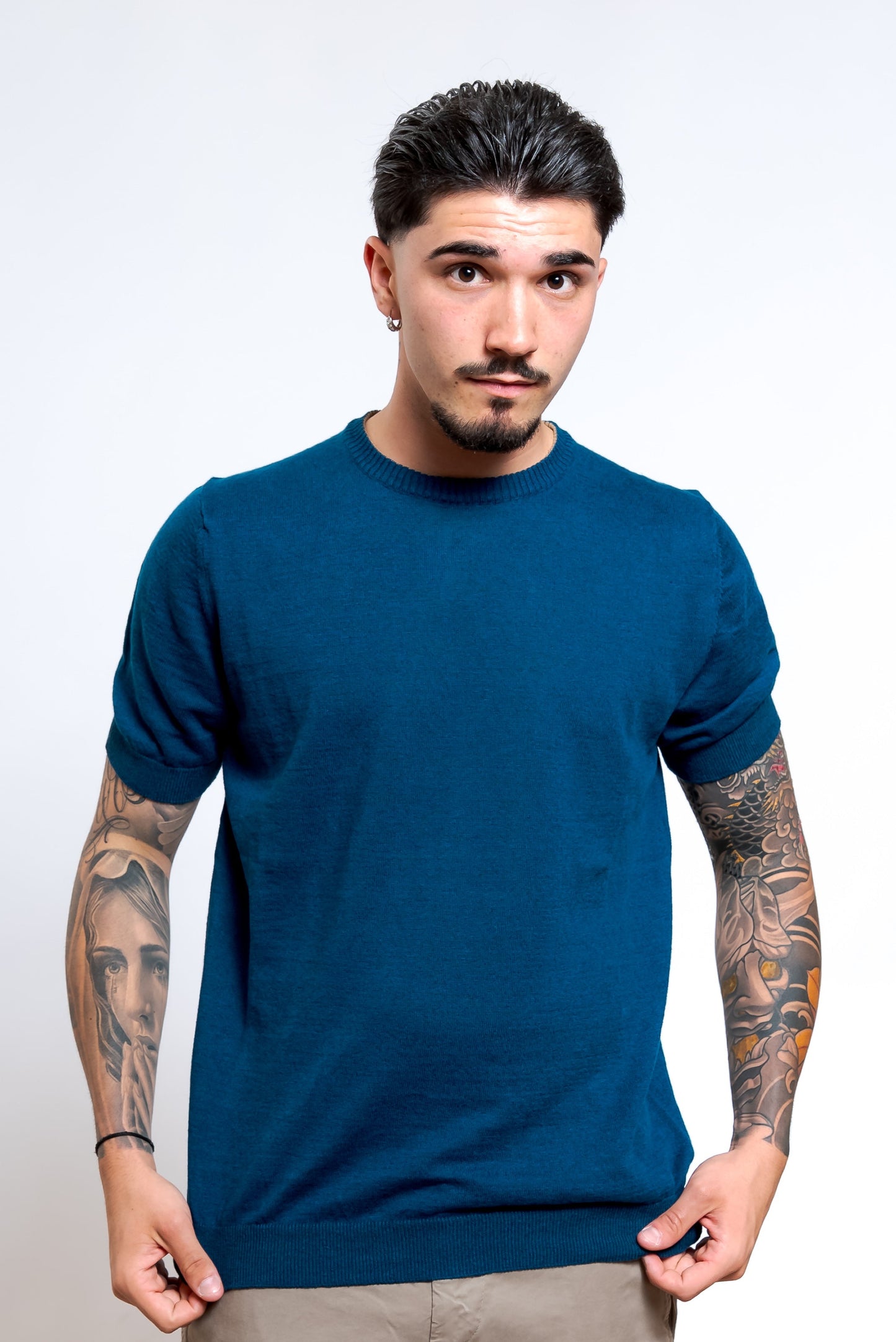 Maglia a Maniche Corte in Lino e Cotone Blu