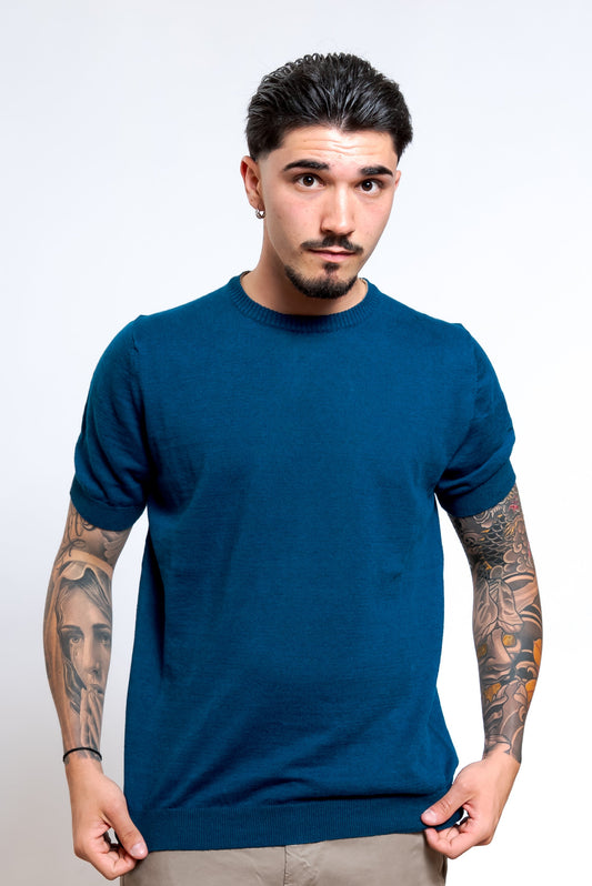 Maglia a Maniche Corte in Lino e Cotone Blu