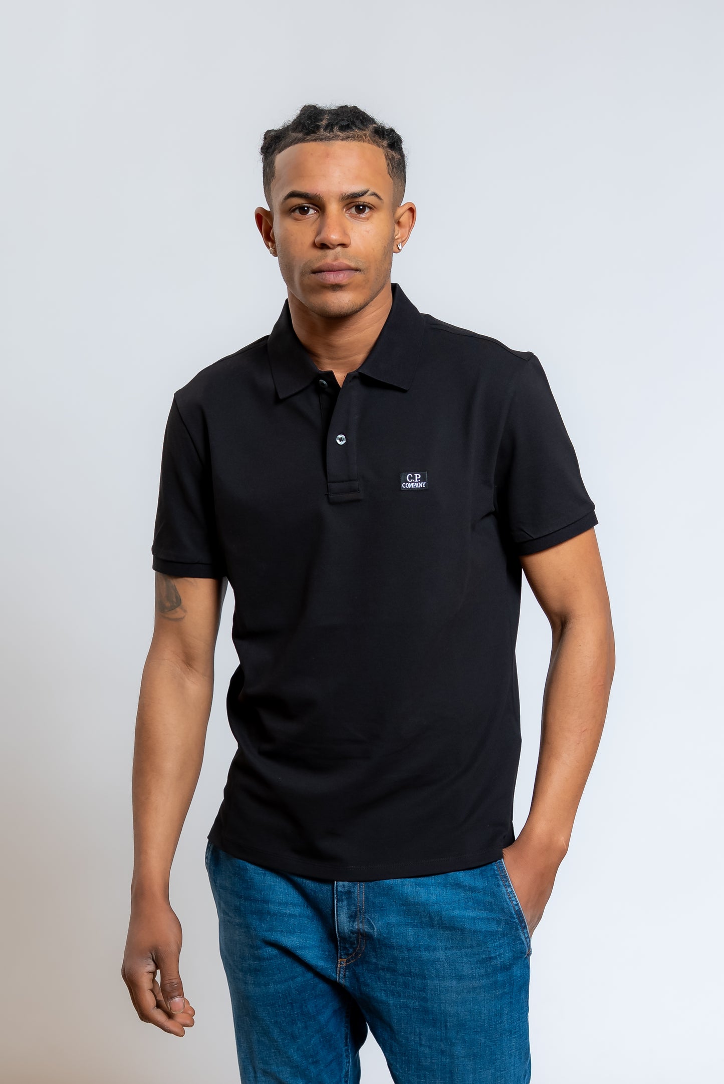 Polo Nera Con Logo in Cotone Stretch