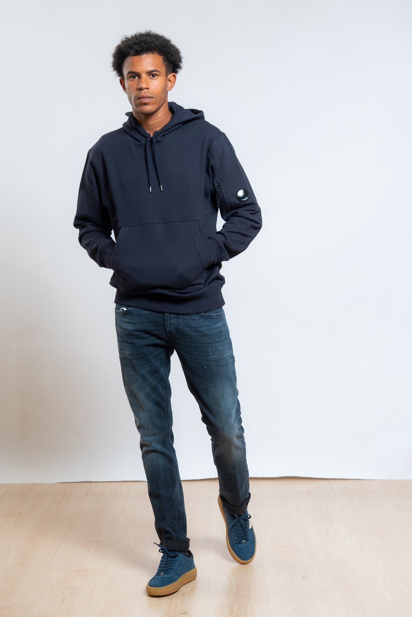Felpa Hooded Diagonal Raised Fleece in Cotone Blu
