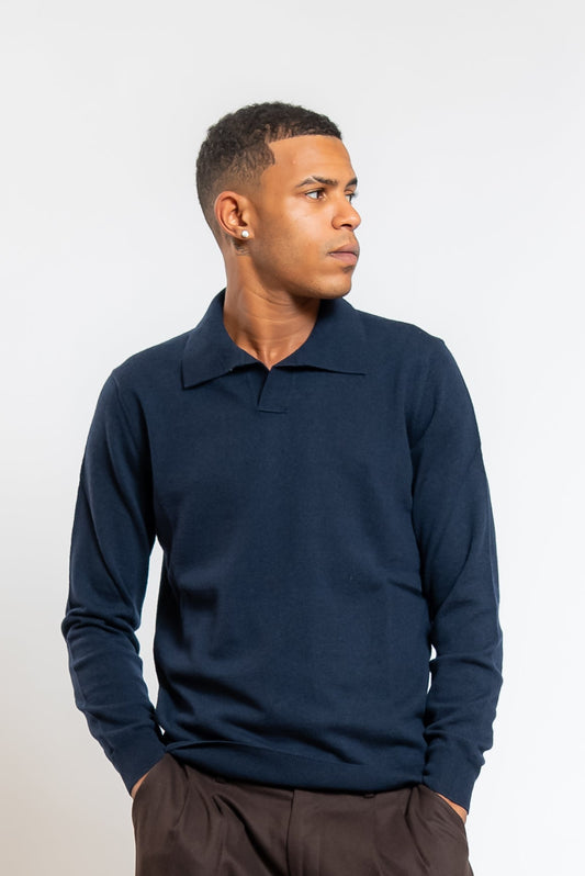 Polo a Maniche Lunghe in Lana Blu