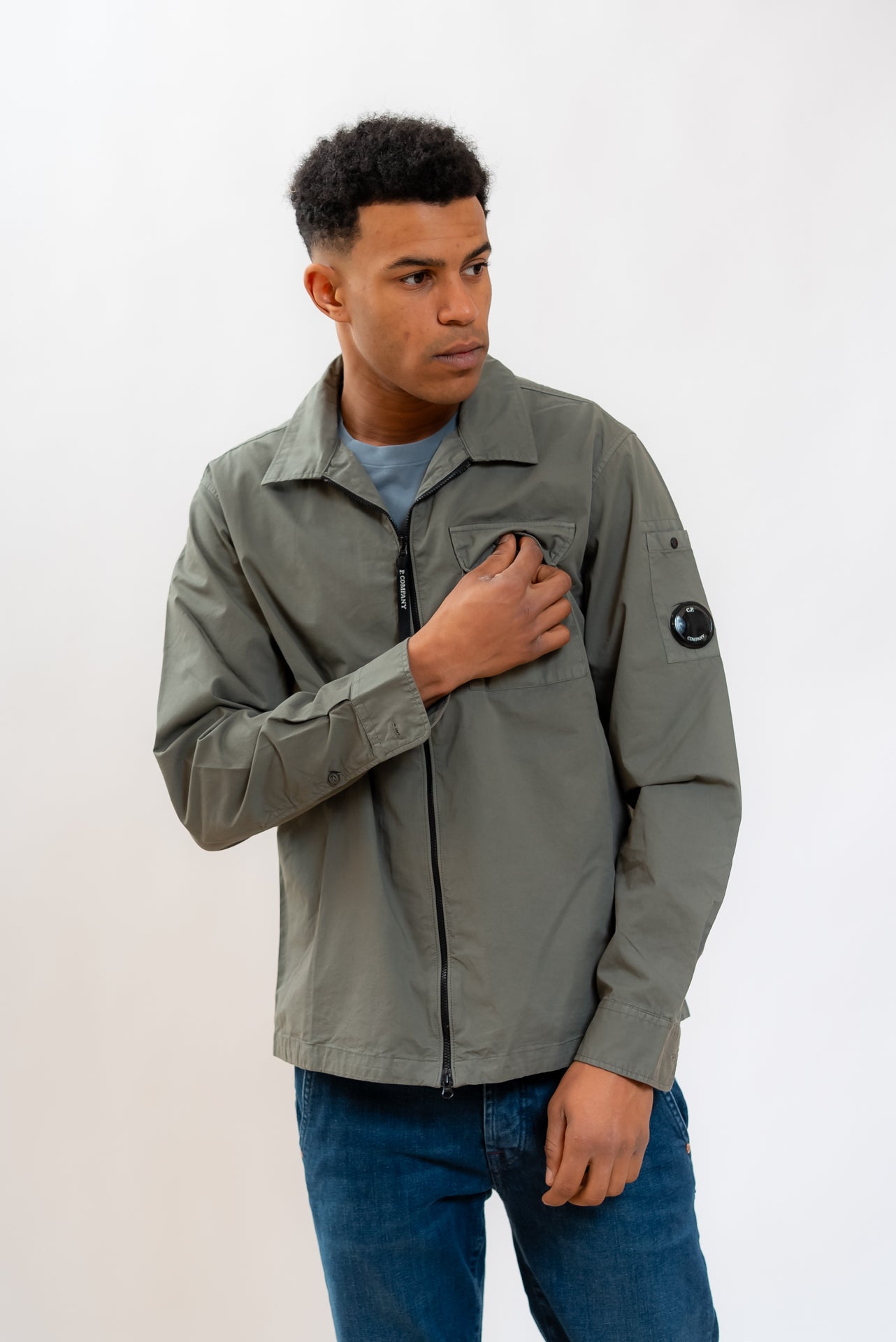 Camicia Overshirt Verde con Zip in Cotone