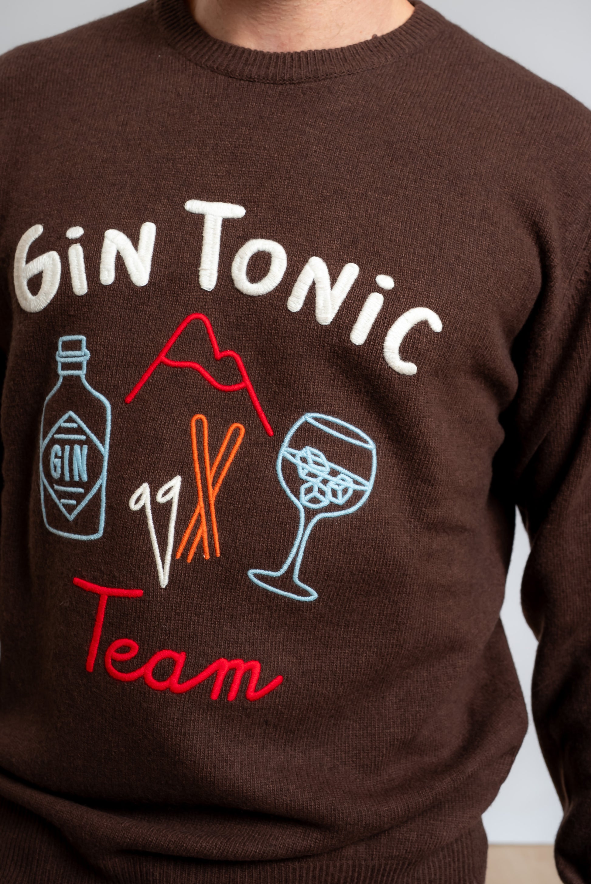 dettaglio del ricamo frontale gin tonic team sul maglione heron marrone in misto lana di mc2 saint barth uomo