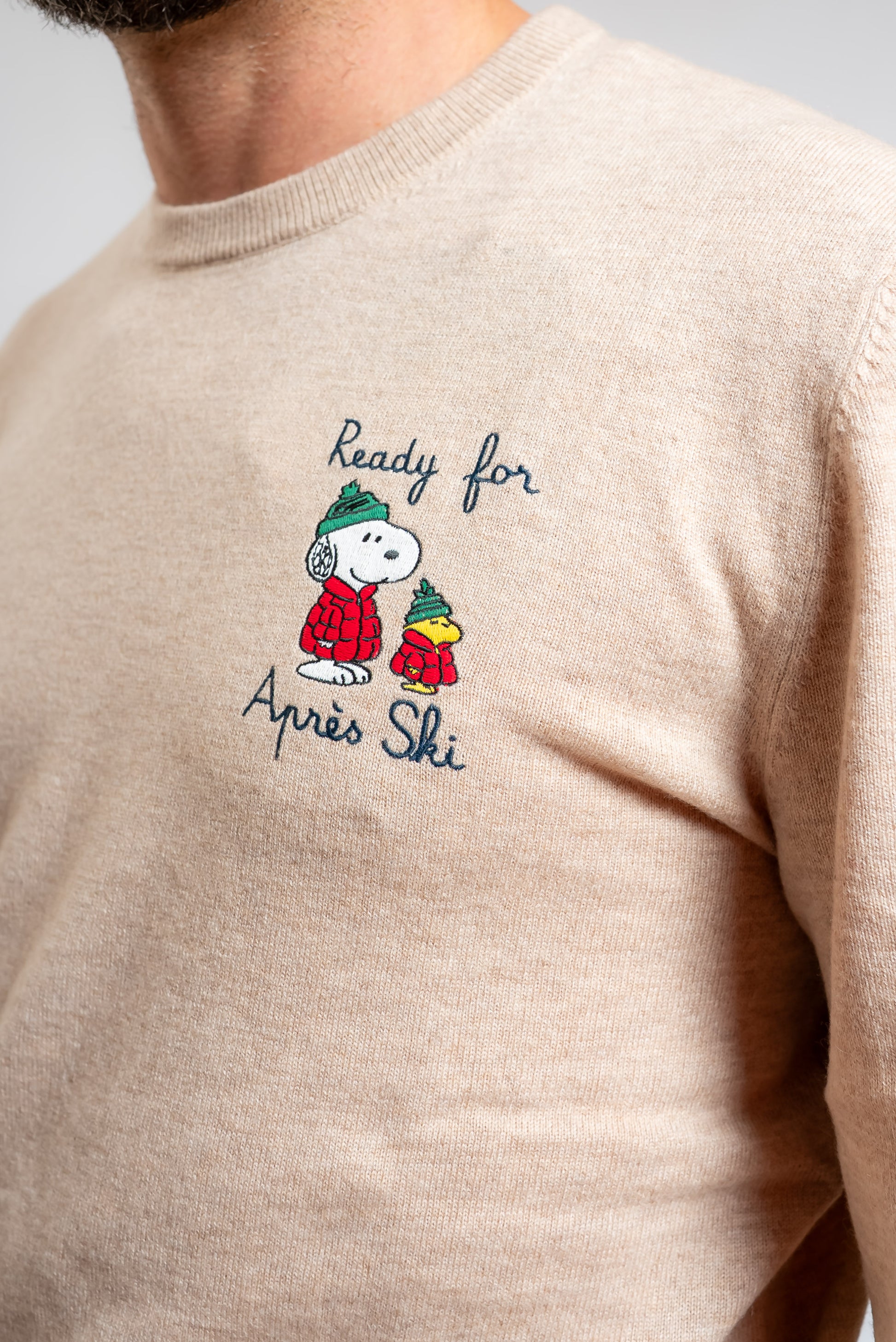 dettaglio del ricamo sul petto con snoopy sul maglione uomo ready apres beige di  mc2 saint barth
