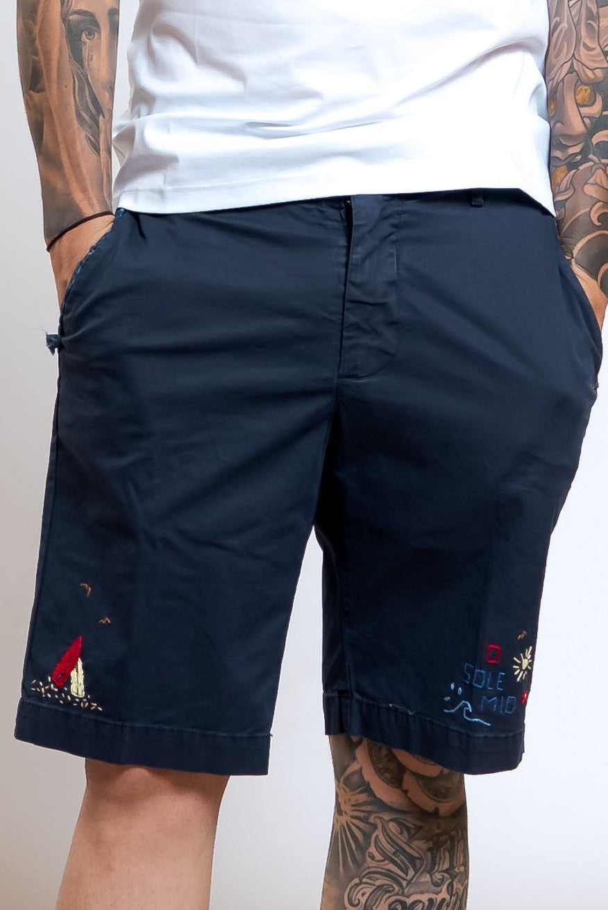 Bermuda Out in Cotone Blu con Ricami