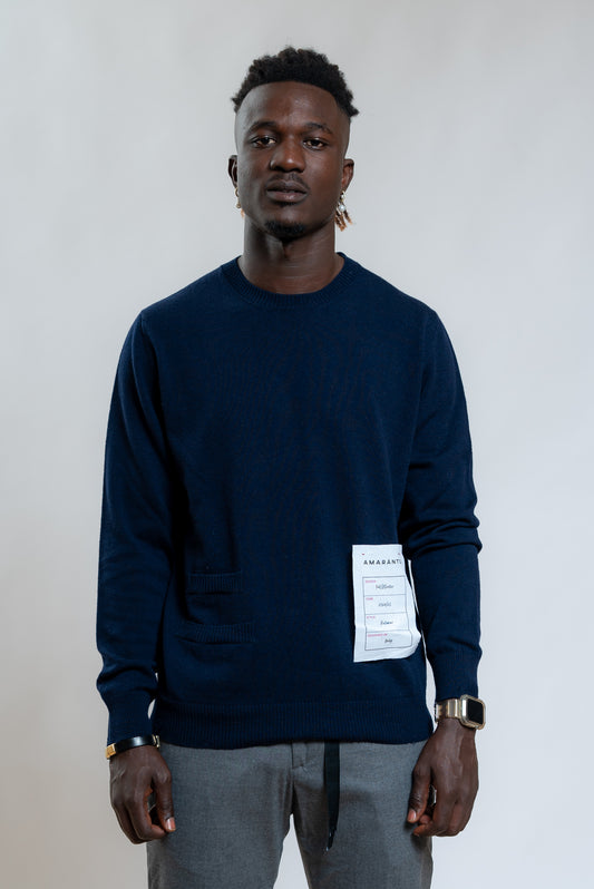 Amaranto Maglia a Girocollo blu In Lana Con Taschini e Rotture, intero