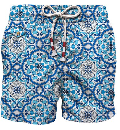 mc2 saint barth costume da uomo con fantasia maiolica, blu bianco e celeste