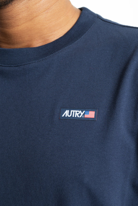 Autry uomo t-shirt blu in cotone con etichetta con logo, dettaglio