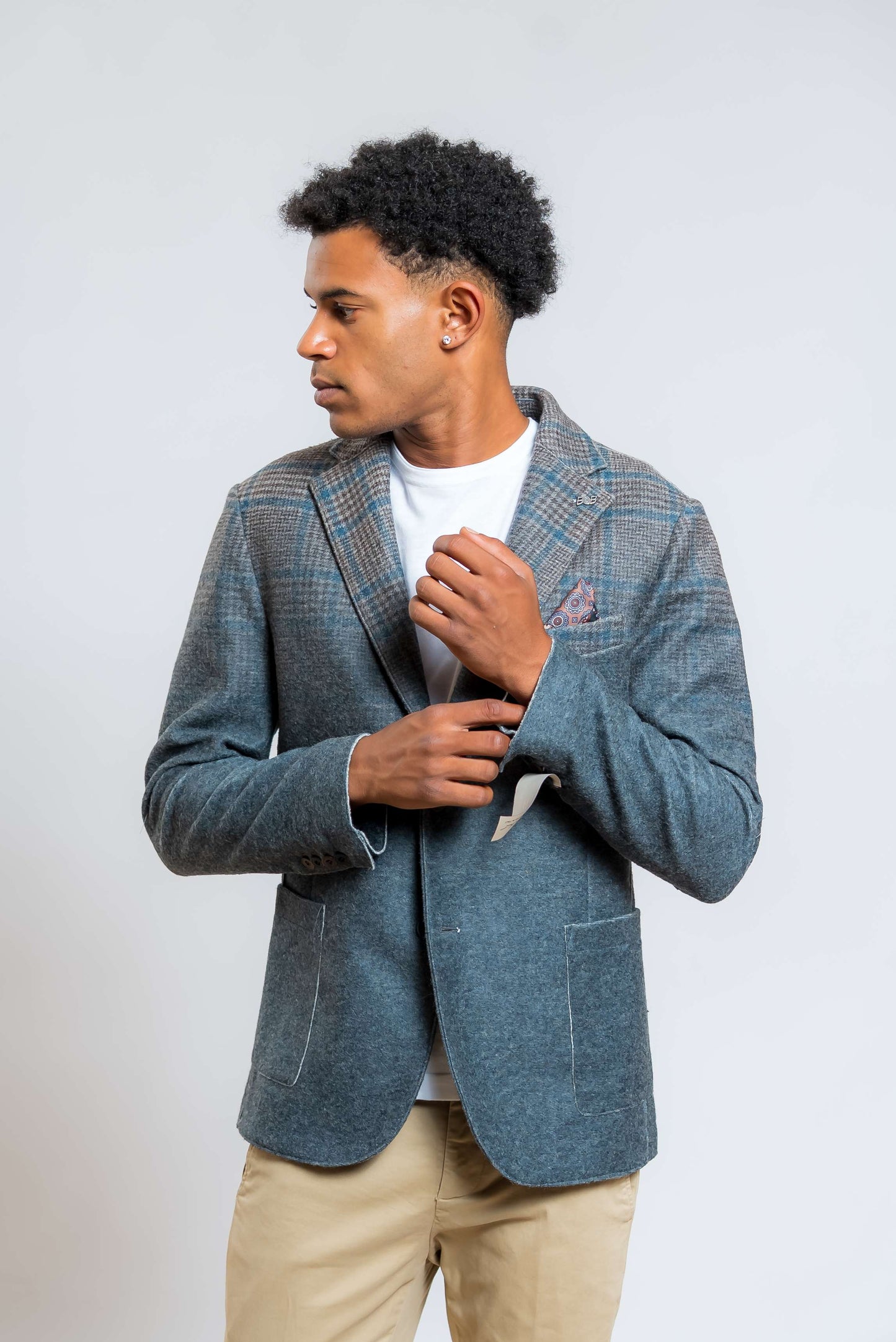 bob company giacca dylan monopetto con fantasia check grigio e celeste - visuale frontale