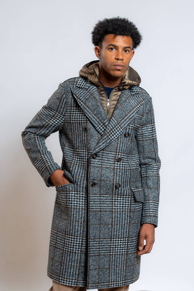 Cappotto di bob modello fenit in pied de poule con cappuccio imbottito removibile, visuale frontale