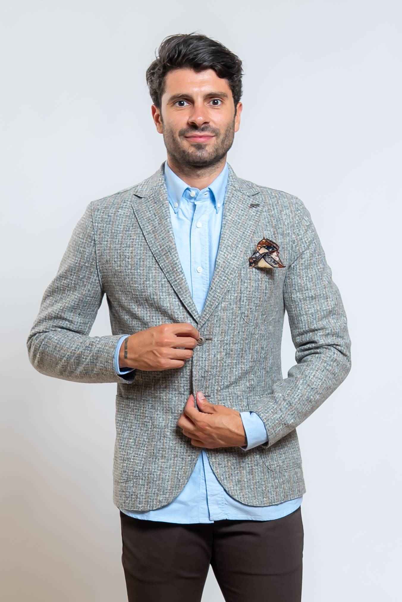 bob giacca monopetto harlow in maglia a fantasia gessata grigia - vista frontale