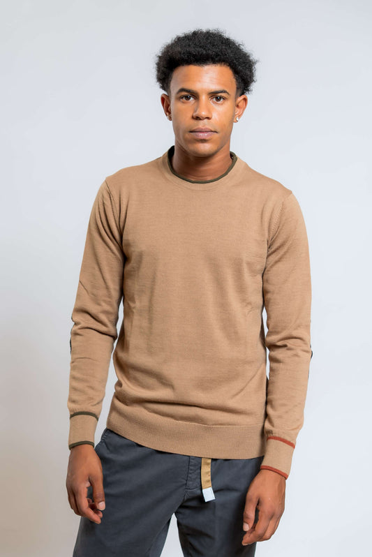 bob company maglia davin in lana beige con toppe sui gomiti - visuale frontale