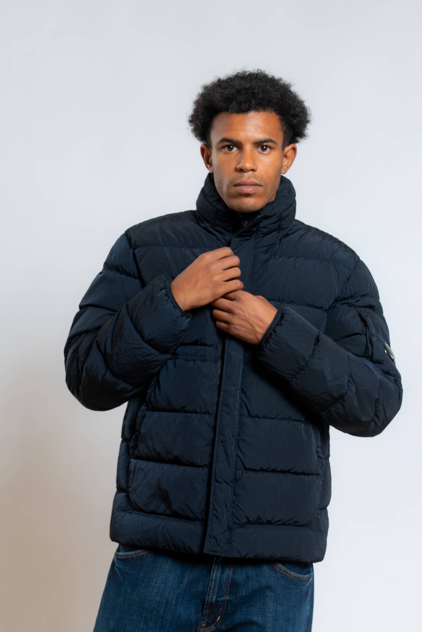 cp company piumino chrome r medium blu in vera piuma d'oca con cappuccio estraibile - visuale frontale