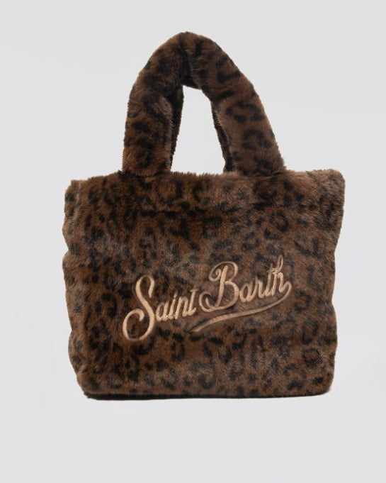 borsa in ecopelliccia con stampa animalier leopardata in marrone scuro, saint barth ricamato sul davanti