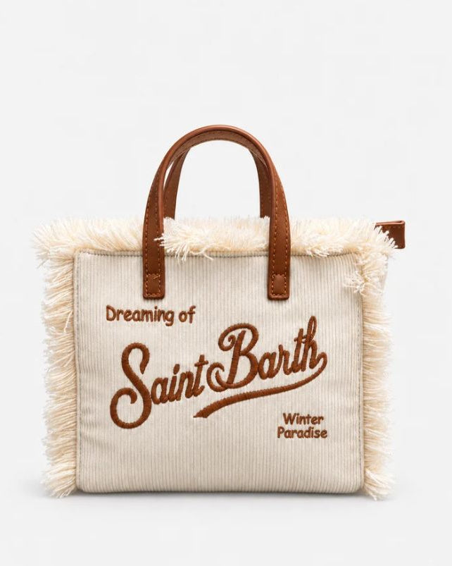 borsa da donna vanity mini in velluto a coste beige con dettagli marroni di mc2 saint barth 